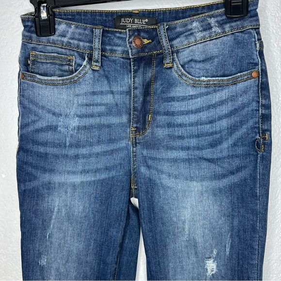 Judy Blue Relax Fit Whiskered Light Distressed Dark Blue Wash Women Jeans Sz 27 - Picture 4 of 11